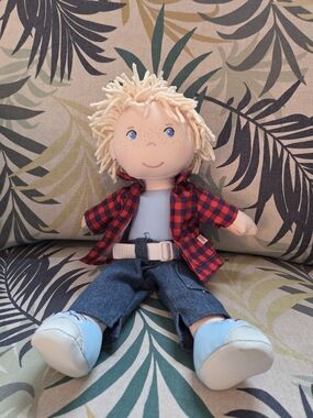 Haba Nick 12" Soft Blonde Rag Doll in Blue Shirt, Jeans & Red Plaid - 18 Months+